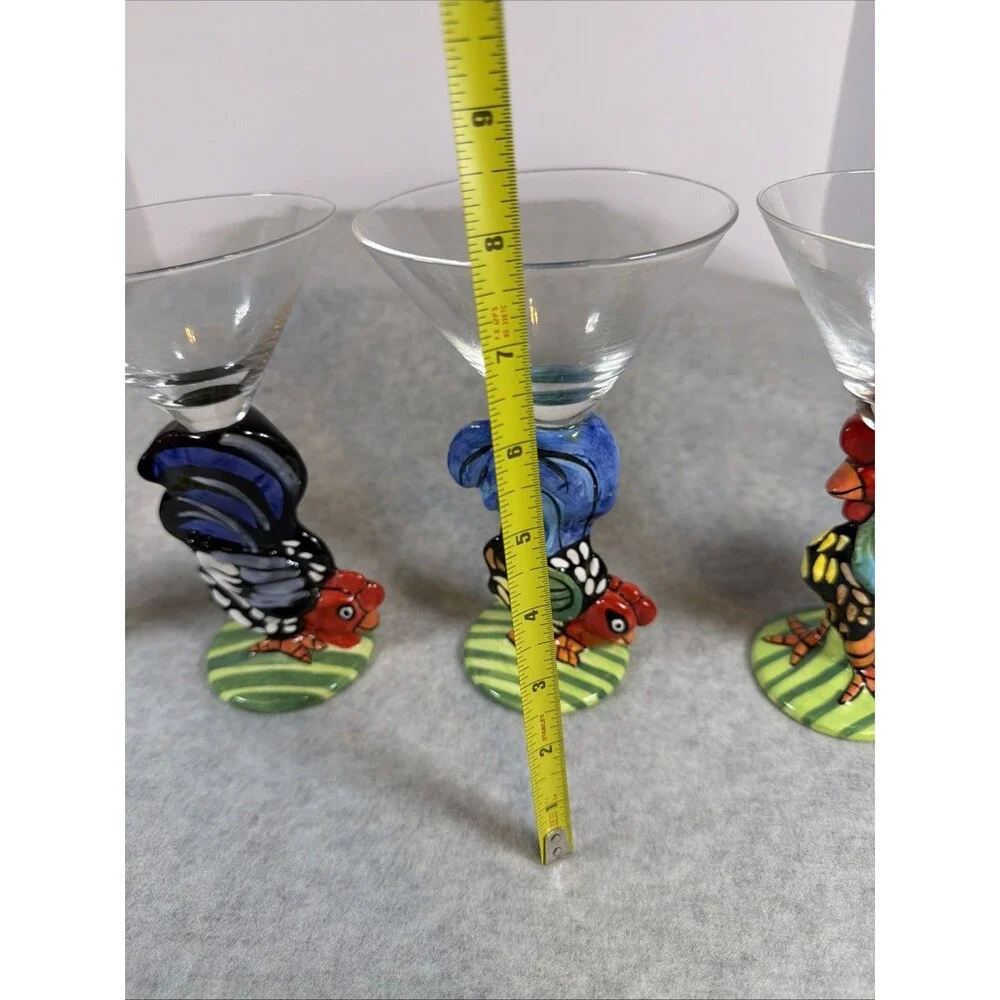 Vintage Nicole Engblom Hand Painted Rooster Martini Cocktail Glass Set Of 4 Rare